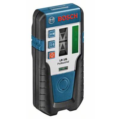 Elektronický laserový prijímač Bosch LR 1 G s displejom, indikačnými svetlami a ovládacími tlačidlami, primárne určený pre stavebné aplikácie.