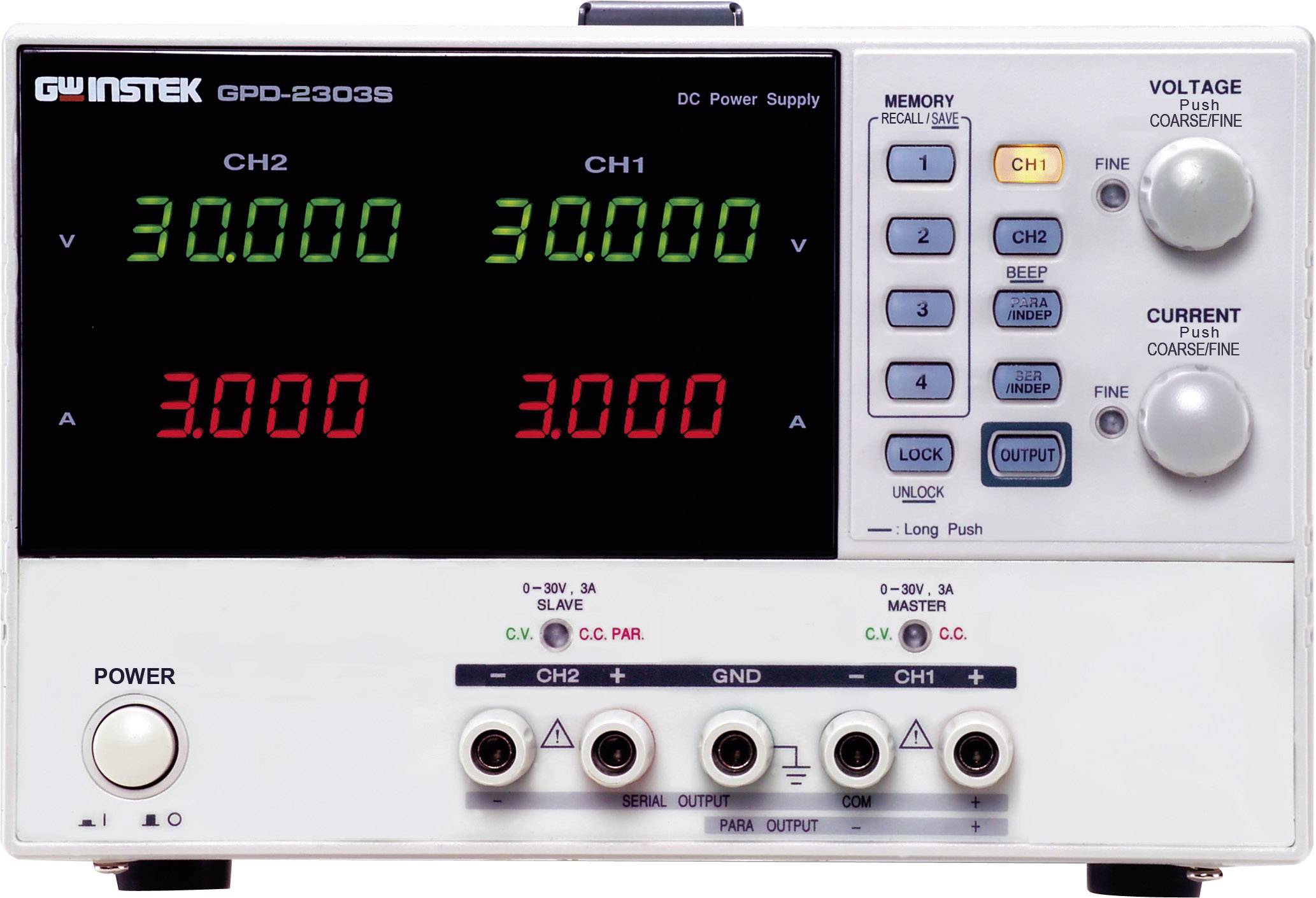 Elektronický laboratórny zdroj s dvoma nastaviteľnými kanálmi. Zobrazuje aktuálne nastavenia: napätie a prúd pre každý kanál.