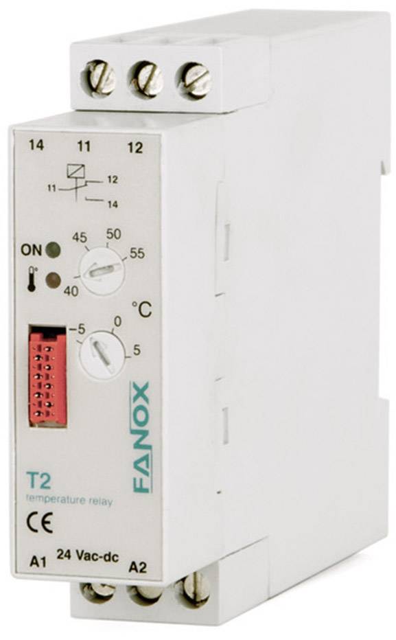 Teplotné relé 'T2' od Fanoxu s otočným regulátorom teploty (0-55 °C) a časovým oneskorením. Vhodné pre napätie 24 Vac/DC.