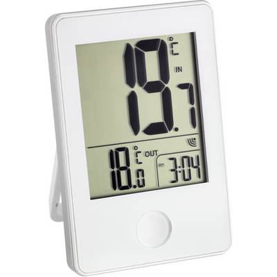 Digitálny teplomer ukazuje vnútornú teplotu 19,7°C, vonkajšiu teplotu 18,6°C a čas 3:04.