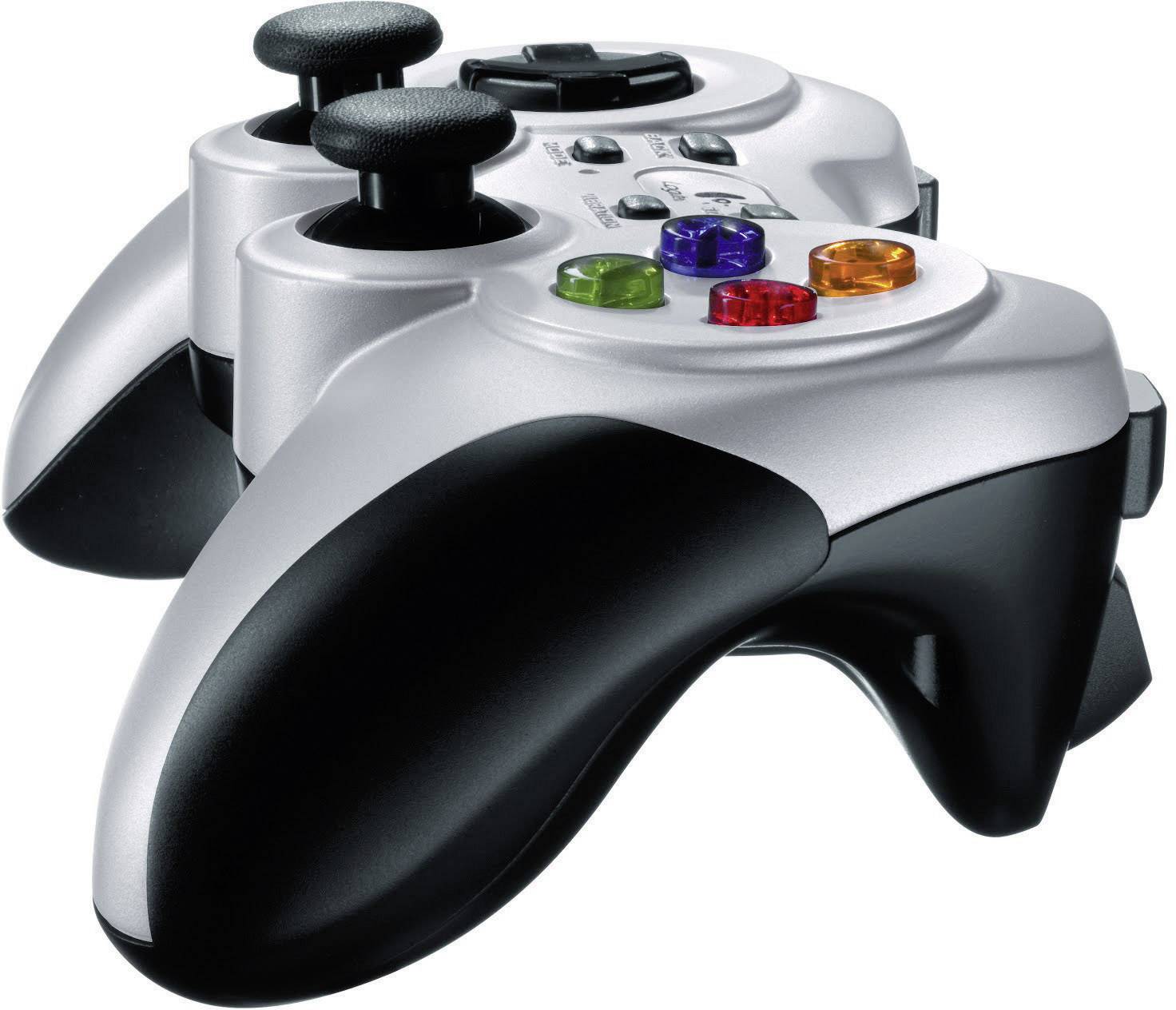 Strieborný a čierny herný ovládač s farebnými akčnými tlačidlami, dvoma joystickmi a smerovým krížom. Vhodný pre videohry.