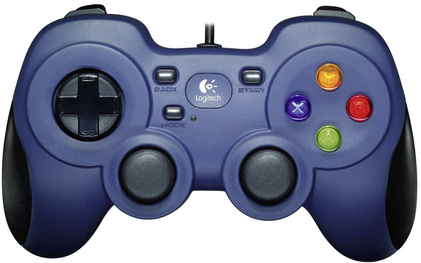 Modrý herný ovládač s dvoma joystickmi, smerovým krížom a farebnými tlačidlami. V strede logo značky Logitech.