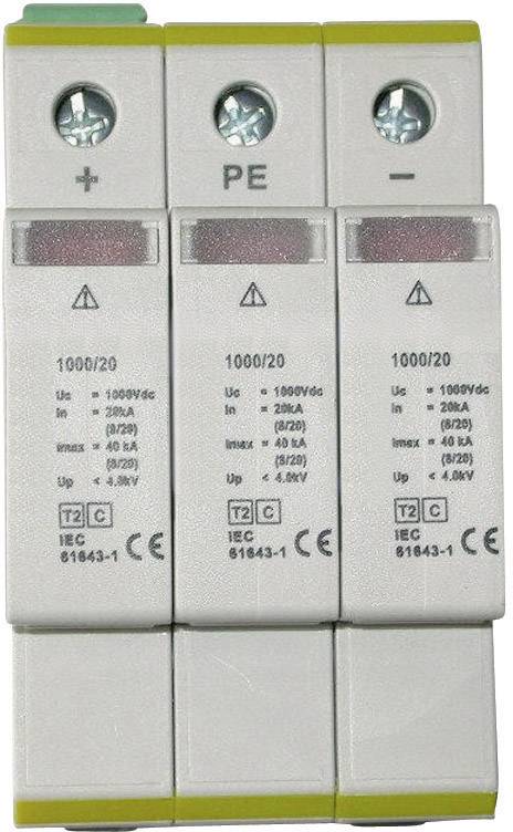 Zariadenie na ochranu pred prepätím s tromi modulmi, označené '+', 'PE' a '-', vrátane technických špecifikácií elektrickej bezpečnosti.