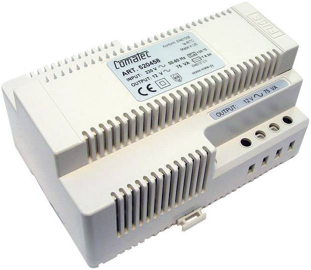 Biely elektronický transformátor pre nízkonapäťové halogénové systémy s údajmi o vstupe a výstupe na štítku.