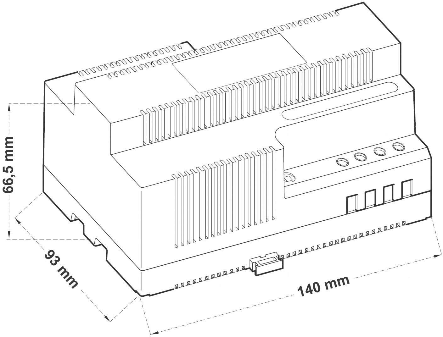 Čiernobiela kresba modulárneho elektronického zariadenia. Rozmery: 66,5 mm výška, 93 mm hĺbka, 140 mm šírka.