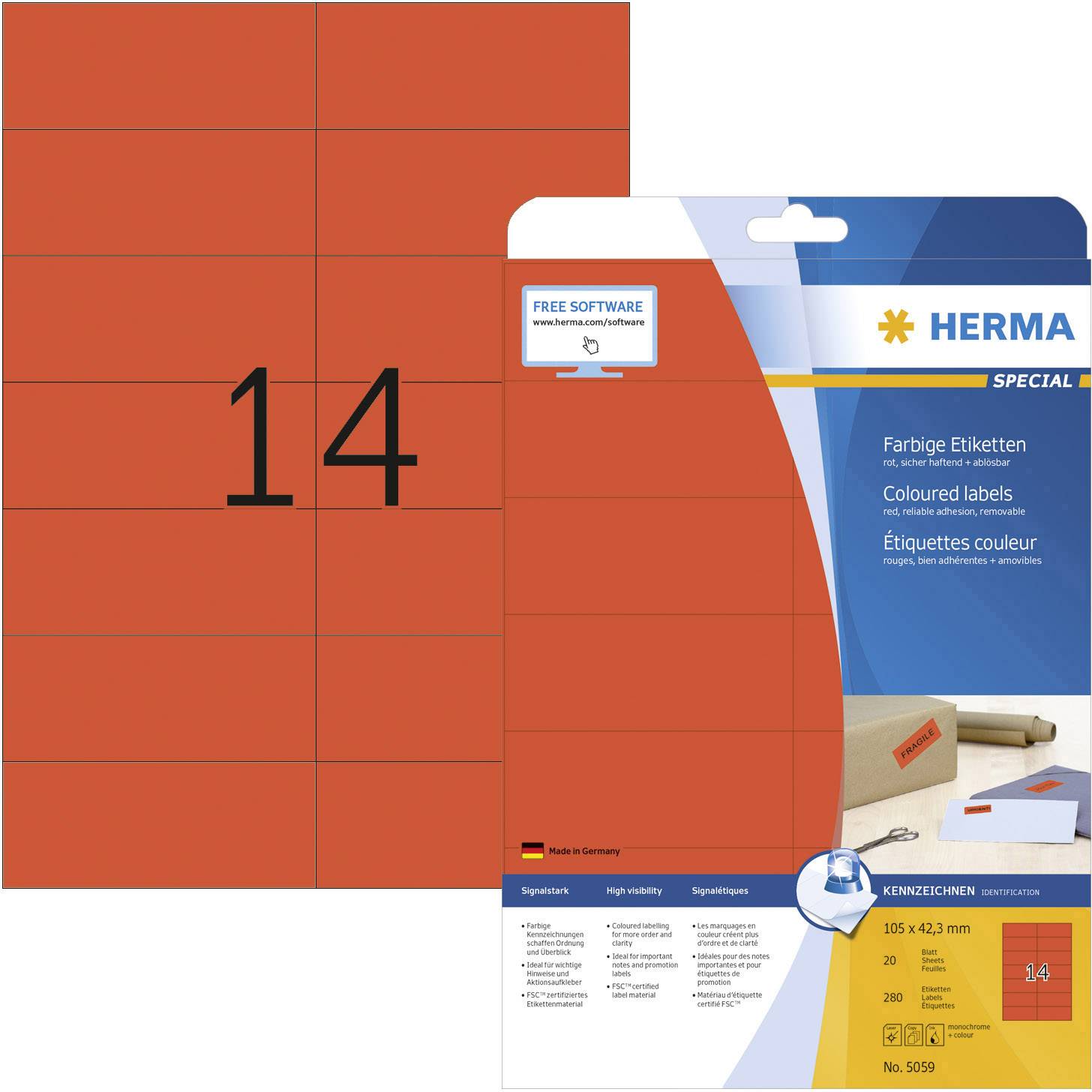 Červené etikety pre laserové tlačiarne, 105 x 42,3 mm, 200 kusov, 14 na list. Ideálne na označovanie. Bezplatný softvér na stiahnutie k dispozícii.