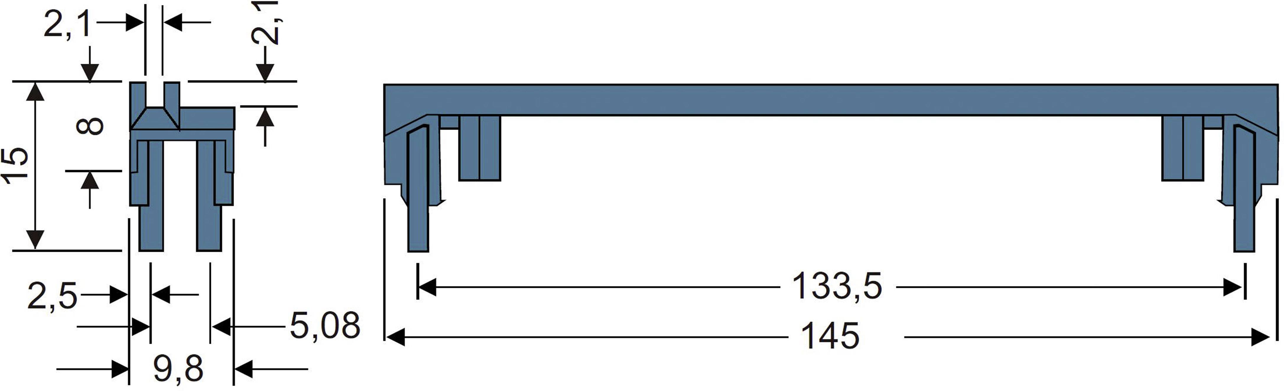 Technický výkres profilu s rozmermi. Vľavo detailný pohľad, vpravo celkový pohľad. Rozmery: 133,5 mm, šírka 145 mm; výška: 8 mm, hĺbka: 2,1 mm.