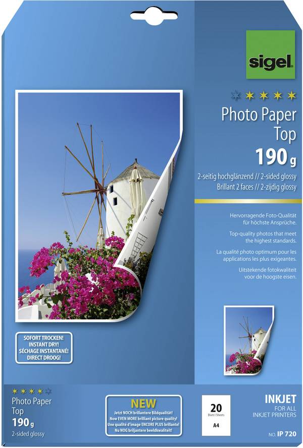 Sigel Photo Paper Top IP720 fotografický papier A4 190 g/m² 20 listov vysoko lesklý, obojstranne potlačiteľný