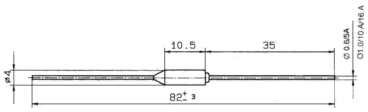 Technický výkres pera s rozmermi; dĺžka 82 mm, vnútorný priemer 4 mm, dĺžka segmentu 35 mm. Označený ako 'Q10/10A/46A'.