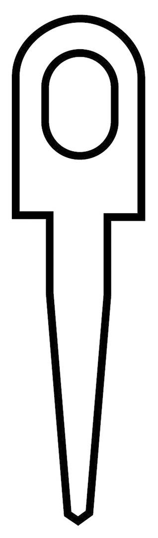 Čiernobiely symbol s dlhou, priamou špicou a oválnym výrezom v hornej časti. Mohol by byť použitý ako značka alebo ikona.