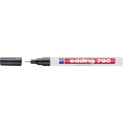 Čierny trvalkový popisovač Edding 780 Paint Marker so sňatým uzáverom, vhodný na presné písanie na hladkých povrchoch.
