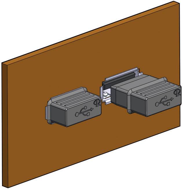 Ilustrácia dvoch USB zástrčiek zapojených do zásuvky namontovanej v stene.