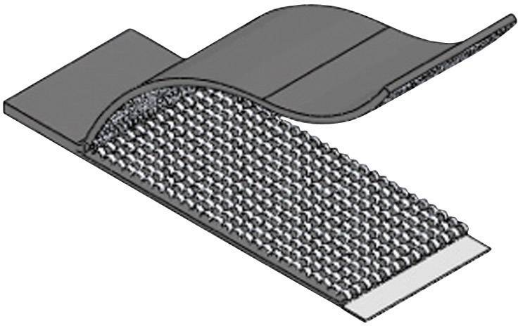 Technický výkres znázorňuje viacvrstvovú materiálovú štruktúru s vlnovitou strechou, ktorá leží nad bodkovaným podkladom.