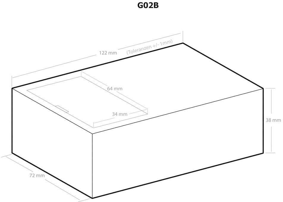 3D znázornenie obdĺžnikového púzdra s rozmermi 122 mm x 72 mm x 38 mm. Vnútorný výrez má rozmery 64 mm x 34 mm.