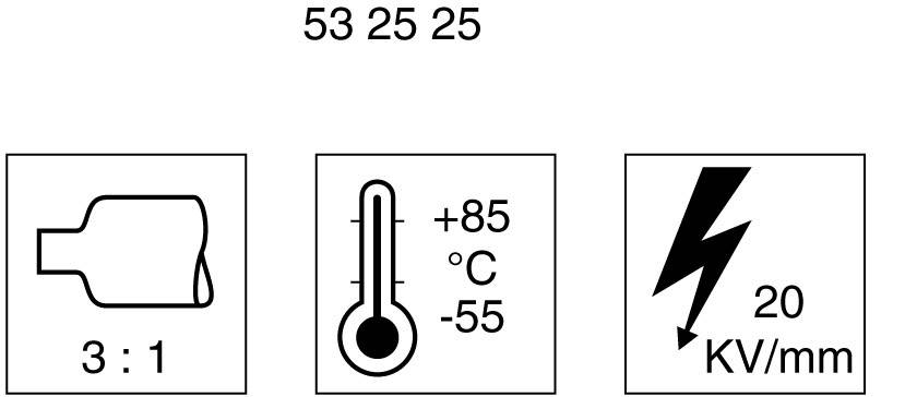 Zmršťovací pomer 3:1, prevádzková teplota od -55°C do +85°C, elektrická pevnosť 20 kV/mm.