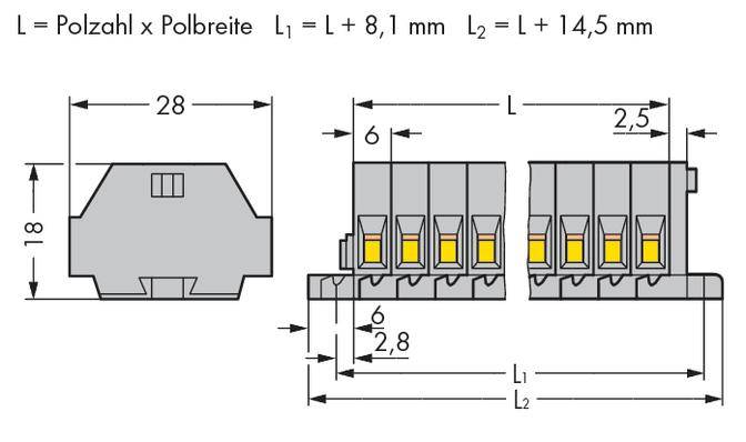 Technický výkres konektora. Rozmery a vzdialenosti medzi radami pinov sú uvedené. Vzorce na výpočet dĺžky: L = L + 8,1 mm a L = L + 14,5 mm.