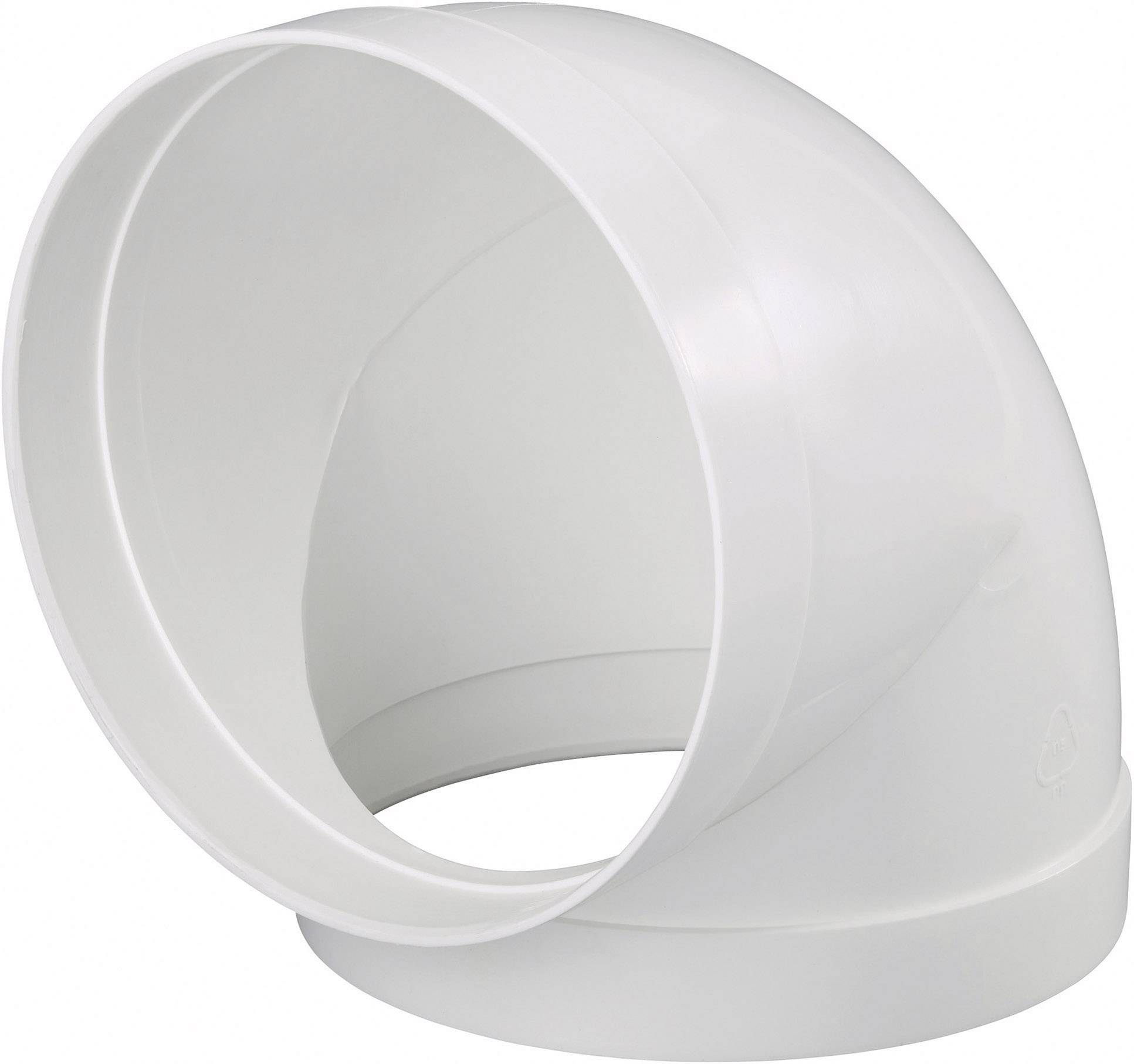 Biely plastový ventilačný oblúk s uhlom 90 stupňov, ktorý sa používa v ventilačných systémoch na zmenu smeru prúdenia vzduchu.