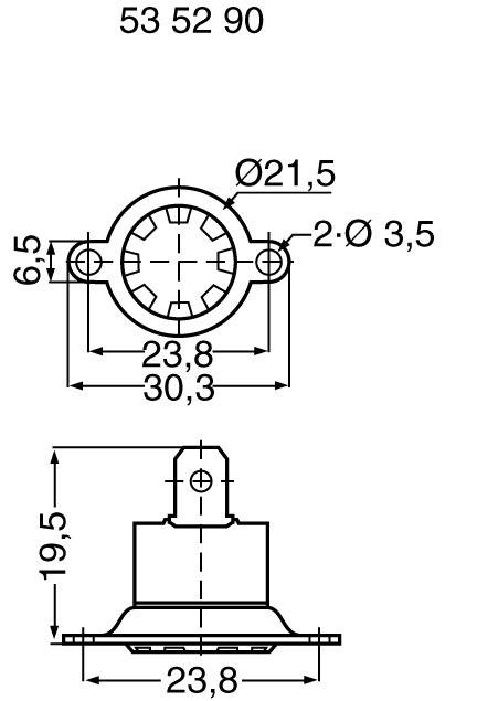 Technický výkres konektora s rozmermi: priemer 21,5 mm, celková výška 30,3 mm, šírka 23,8 mm.