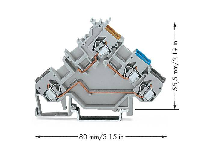 Sivý, trojuholníkový elektrický svorkovnicový blok s tromi pripojovacími bodmi a bočnými spojkami. Rozmery: 80 mm široký, 55,5 mm vysoký.