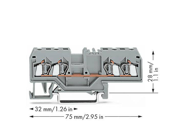 Obrázok sivej svorkovnice s rozmermi: 32 mm x 75 mm x 28 mm (1,26 in x 2,95 in x 1,1 in).