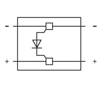 Elektronický schémový symbol znázorňuje usmerňovač s jednou diódou, dva kontakty na každej strane, plus a mínus znamienka sú vyznačené.