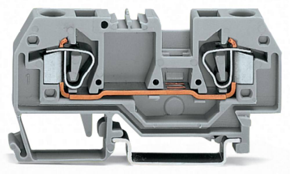 Sivá svorka s kovovými komponentmi na elektrické prepojenie, zobrazujúca pružinový a skrutkový mechanizmus. Vhodná pre priemyselné aplikácie.