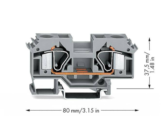 Šedý model svoriek, pohľad zhora, zobrazuje vnútorné elektrické kontakty. Rozmery: 80 mm x 37,5 mm (3,15 x 1,48 palca).