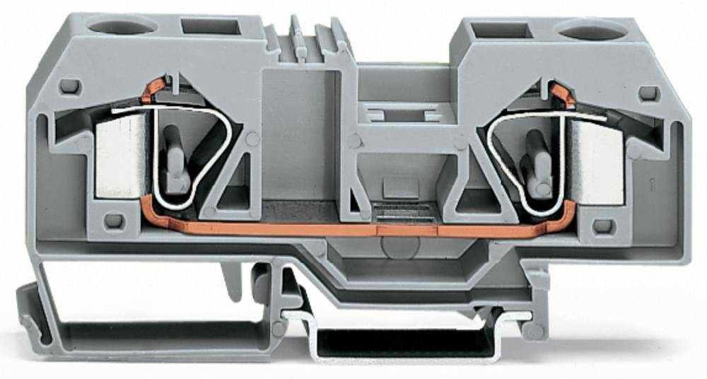 Sivá elektrická svorka s kovovými kontaktmi pre káblové pripojenia, zobrazujúca vnútorný mechanizmus a štruktúru materiálu.