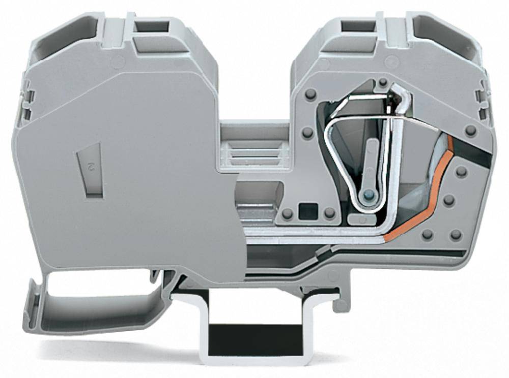 Priečny rez elektrickej svorkovnice s viditelnými vnútornými mechanizmami a prepojeniami. Vhodné pre priemyselné aplikácie.