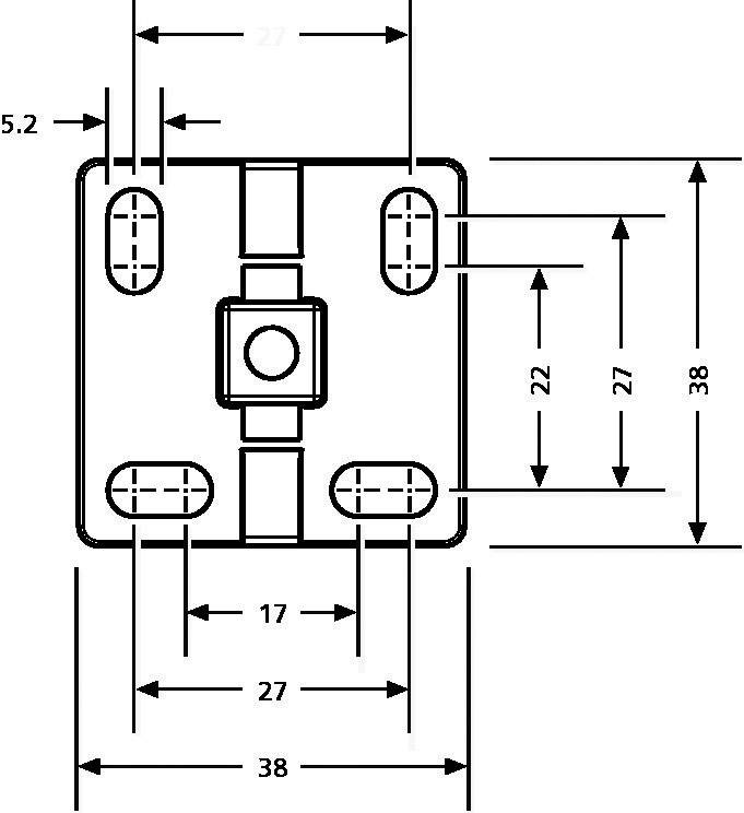 Technický výkres upevňovacieho prvku s rozmermi: 38x38 mm vonkajší rozmer, 22 mm stredový výrez.
