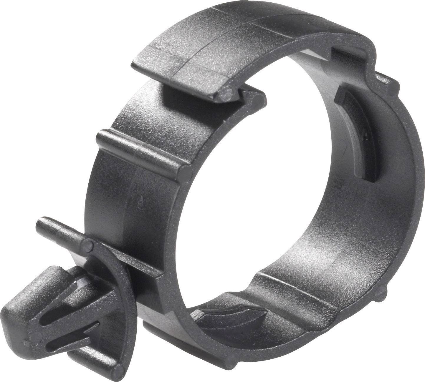 Čierny plastový klip na potrubie s uzatváracím mechanizmom, vhodný na upevnenie potrubí alebo káblov.