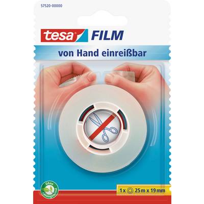 Produktová fotografia lepiacej pásky Tesa, 25 m x 19 mm, v obale s nápisom 'ľahko odtrhnuteľná ručne', ruky držiace leiacu pásku.