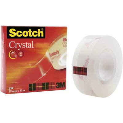 Balenie a rolka Scotch Crystal lepiaceho pásku, priehľadná, 19 mm x 33 m, vhodná pre ľahké kancelárske a domáce použitie.
