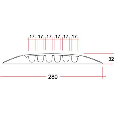 Prierez štruktúrovaného povrchu. Rozmery: 280 mm šírka, 32 mm výška, pravidelné rozostupy 17 mm.