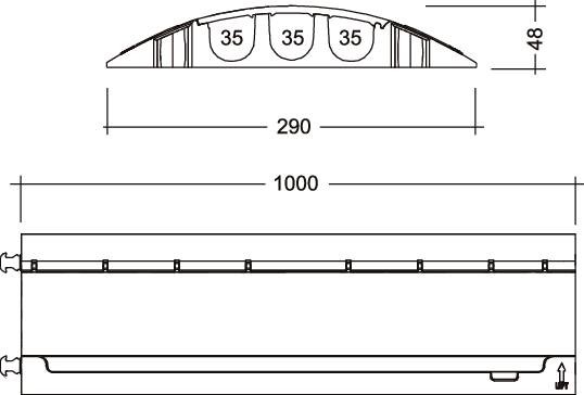 Technický výkres produktu s rozmermi: dĺžka 1000 mm, šírka 290 mm, výška 48 mm. Tri rovnako veľké priehradky s priemerom 35 mm.