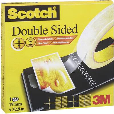 Obal na obojstrannej lepiace pásky Scotch s žltým pozadím. Prezentuje obojstrannú lepiacu pásku bez ochrannej fólie, 19 mm x 32,9 m.