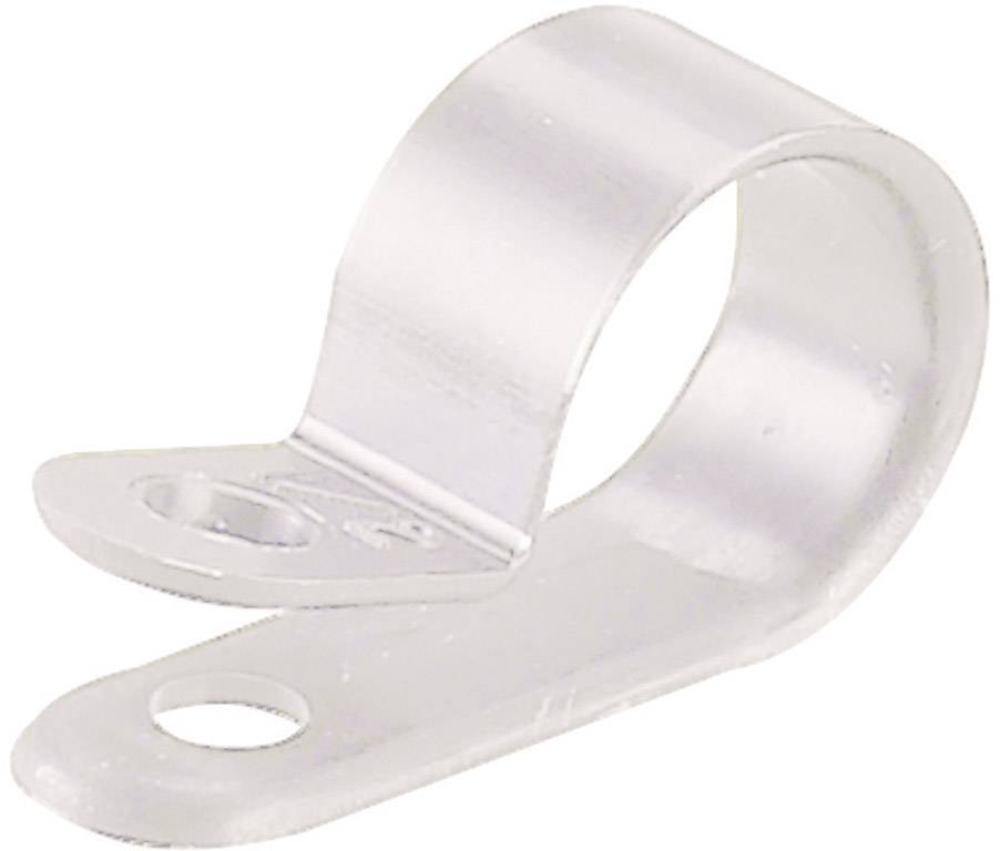 Kovová hadicová svorka s dvoma upevňovacími otvormi, zahnutá, na upevnenie potrubia alebo káblov na povrchy.