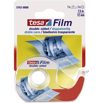 Obal na obojstranný lepiaci film od Tesy. Zobrazuje rolku lepiacej pásky a v pozadí fotografiu budov.