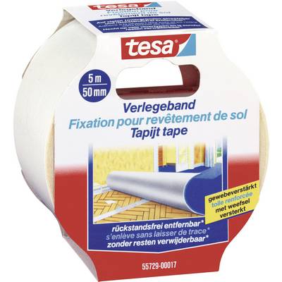 Rolka lepiacej pásky Tesa, 5 m x 50 mm, na pokládku koberca. Obal zobrazuje aplikačný obrázok koberca v miestnosti.