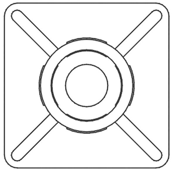 Schematický diagram znázorňuje štylizovaný ventilátor alebo vrtuľu v štvorcovom ráme s kruhovým stredom a štyrmi symetrickými krídlami.