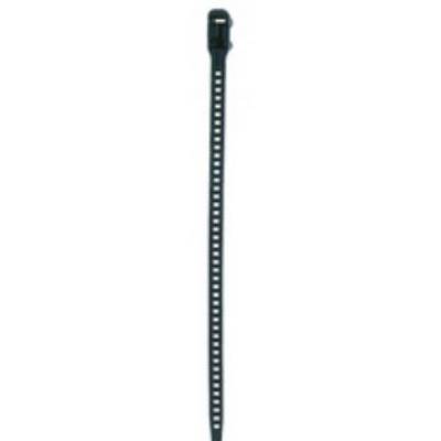 Čierny sťahovací pásik s rebrovanou páskou a uzáverom na vrchu, ktorý sa väčšinou používa na zväzovanie káblov.