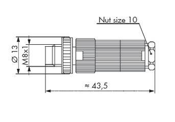 Technický výkres súčiastky s rozmermi: dĺžka približne 43,5 mm, priemer 13 mm, závit M8x1, veľkosť matice 10.