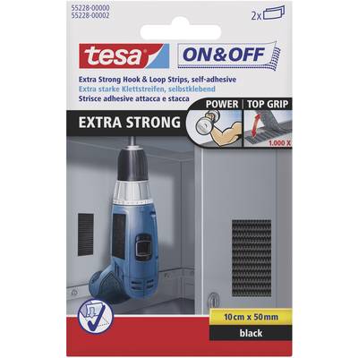 Obal pre tesa ON&OFF Extra Strong suchý zips, samolepiaci. Obrázok akumulátorového skrutkovača pripevneného páskami ku skrinke.