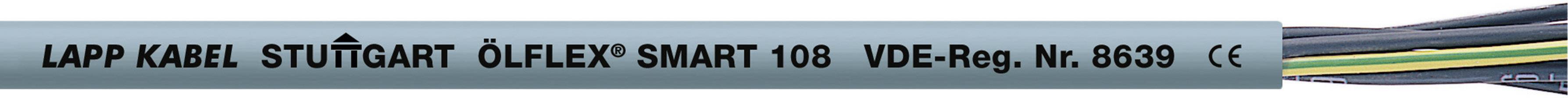 Kábel s nápisom 'LAPP KABEL STUTTGART ÖLFLEX SMART 100 VDE-Reg. Nr. 8690' s viditelnými vodičmi v rôznych farbách.