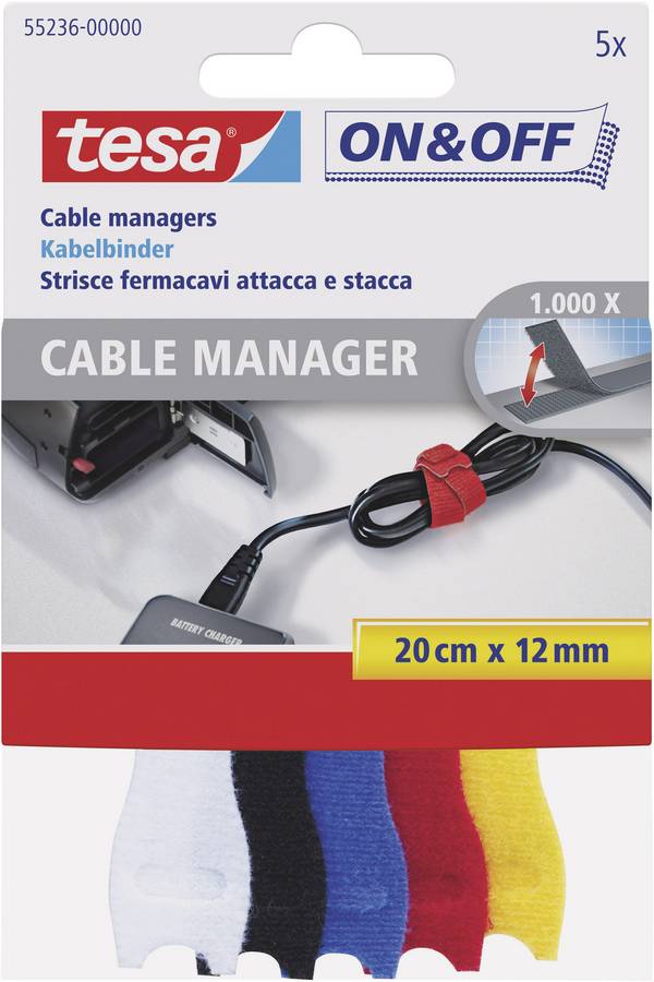TESA On & Off 55236-00-00 káblový manažér na suchý zips na spojovanie háčiková a flaušová časť (d x š) 200 mm x 12 mm farebná 5 ks