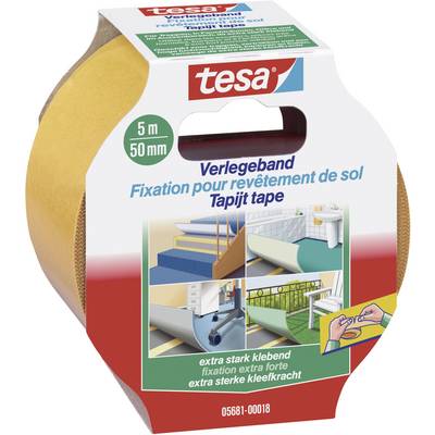 Lepidlo od tesa, 5 m x 50 mm, mimoriadne silne lepiace. Vhodné pre koberce, parkety a dlaždice. Obsahuje obrázky príkladov použitia.
