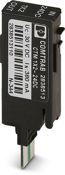 'Senzorový modul, čierny, s nápisom: COMTRAB, CTM 1X2-24DC, vhodný pre 24V DC, IN: 380 mA, UC: 30V DC.'