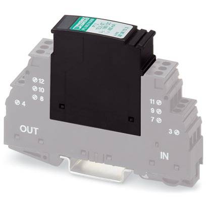 Na obrázku je ochranný modul pre elektrické zariadenia s čiernym krytom a pripojovacími svorkami, označenými ako 'OUT' a 'IN'.