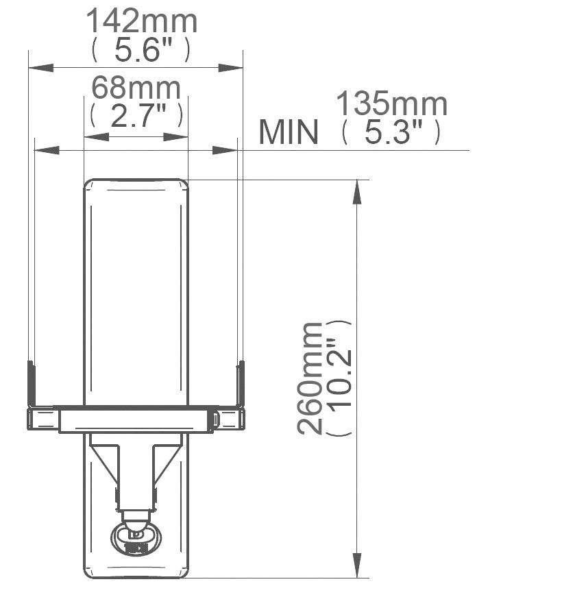 Technický diagram zobrazuje rozmery zariadenia. Šírka: 142 mm, hĺbka: 68 mm, výška: 260 mm. Minimálna inštalačná výška: 135 mm.