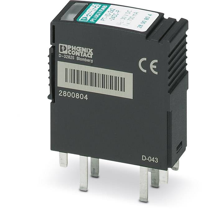 Elektronický komponent od Phoenix Contact, model 2800804. Má označenie CE a niekoľko kovových pinov na pripojenie.